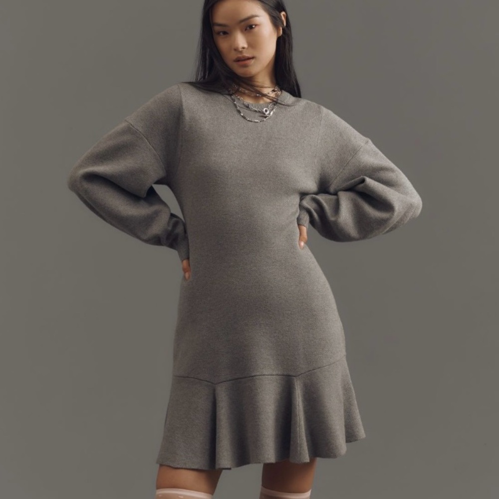 Anthropologie Gray Ruffled Sweater Knit Dress Medium NWT